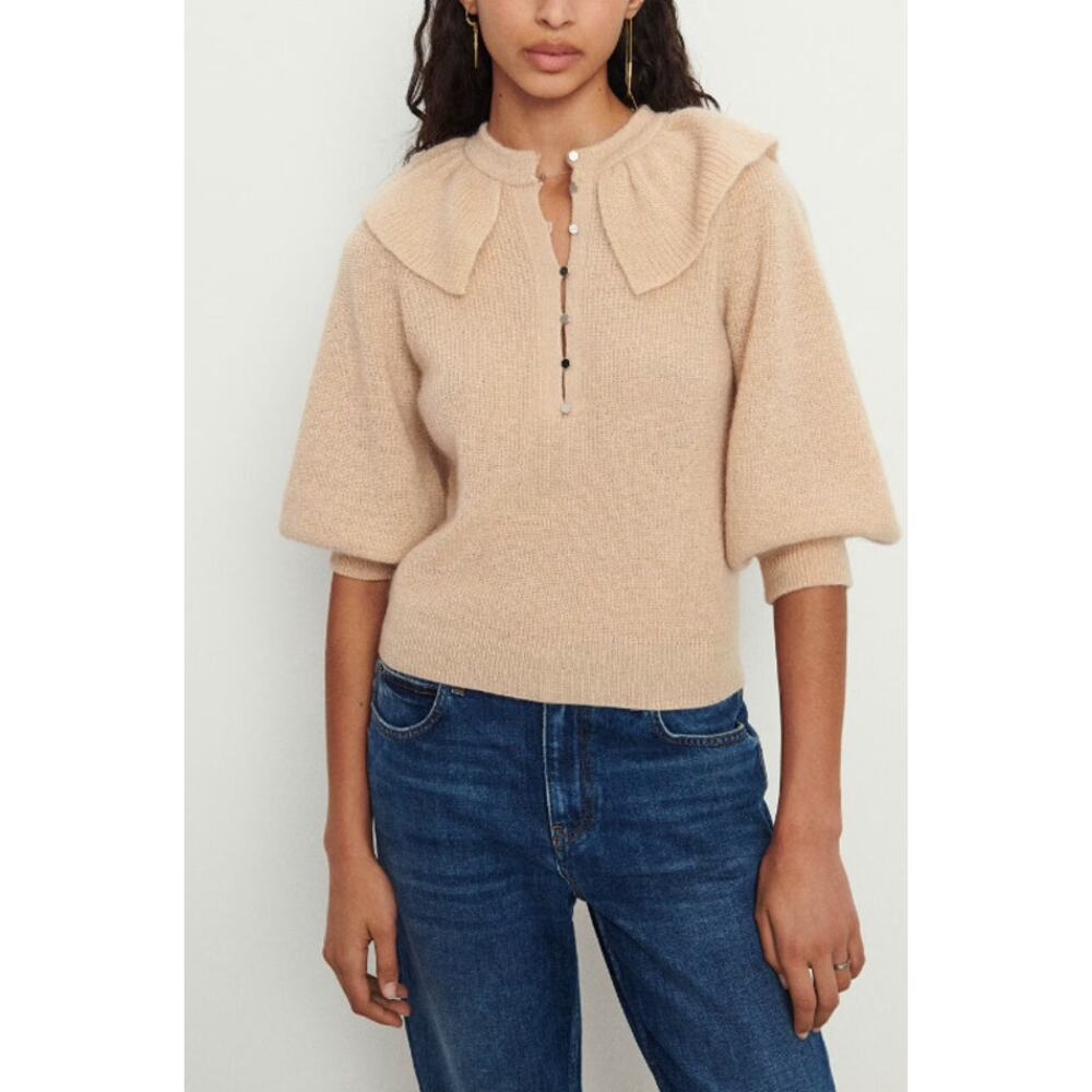Ba&sh Hoa Pullover Cotton Wool Mohair Ruffle 3/4 Balloon Sleeve Sweater, Cream